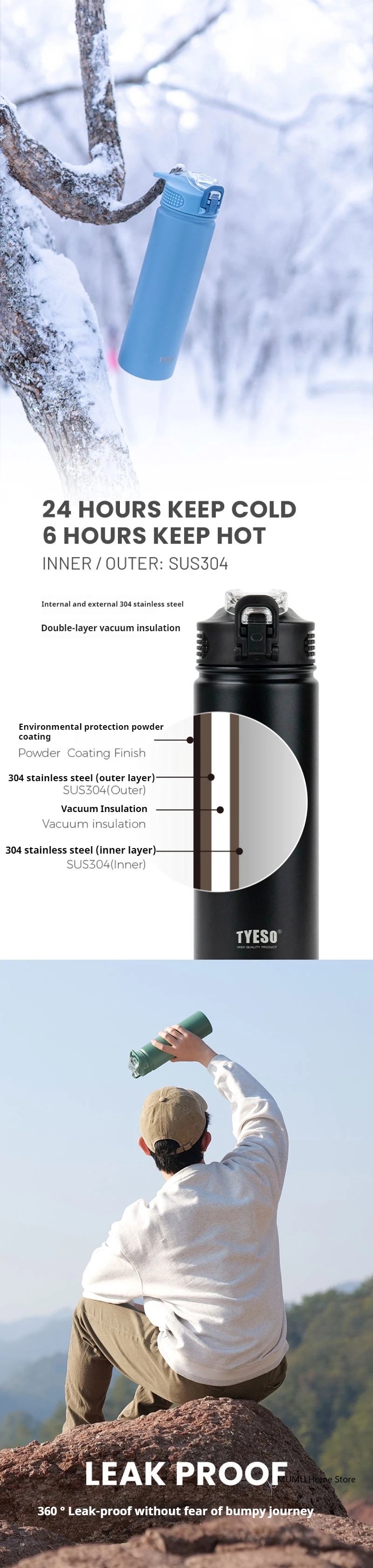 TYESO 600/750ML Stainless Steel Thermos Bottle with Straw – Insulated Sports Mug