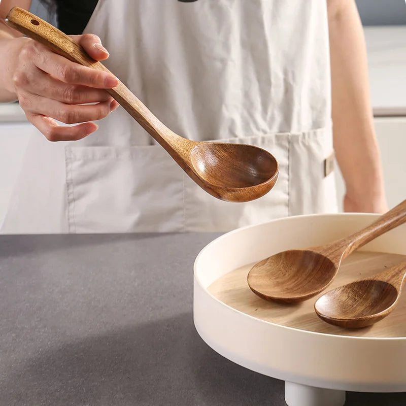 Long Natural Wood Non-Stick Cooking Spoon | Heat-Resistant Kitchen Utensil