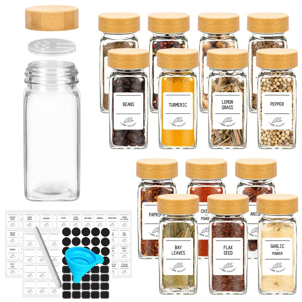 12-Piece Glass Spice Jar Set with Bamboo Lids & Labels