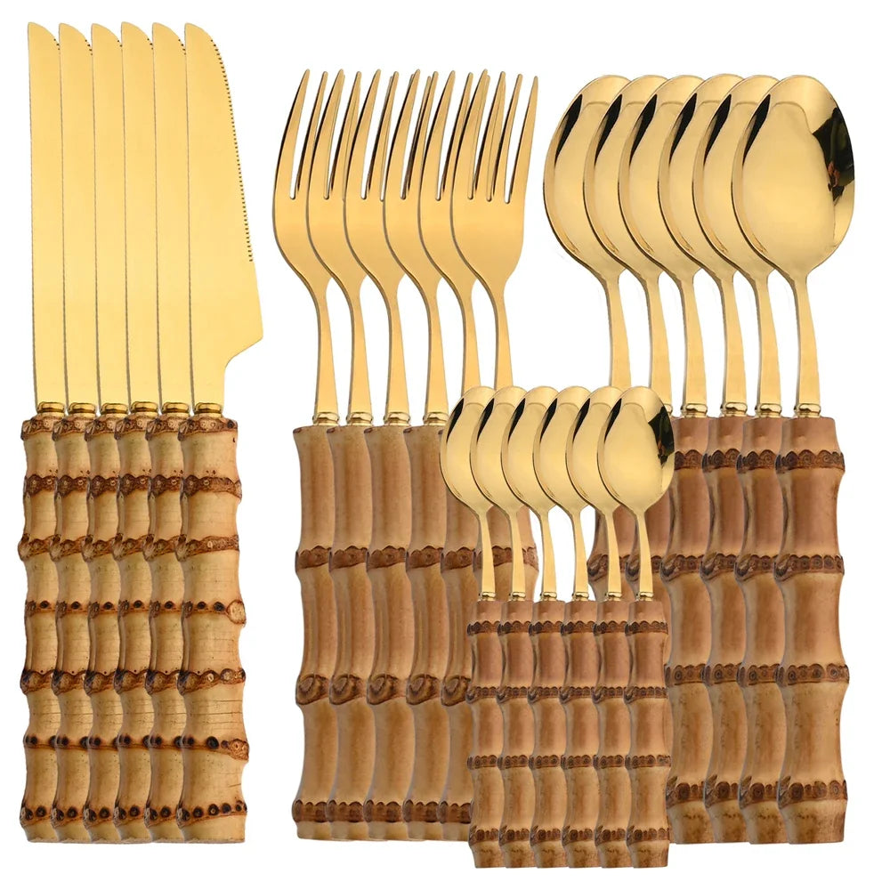 24-Piece Bamboo Handle Flatware Set (Stainless Steel)