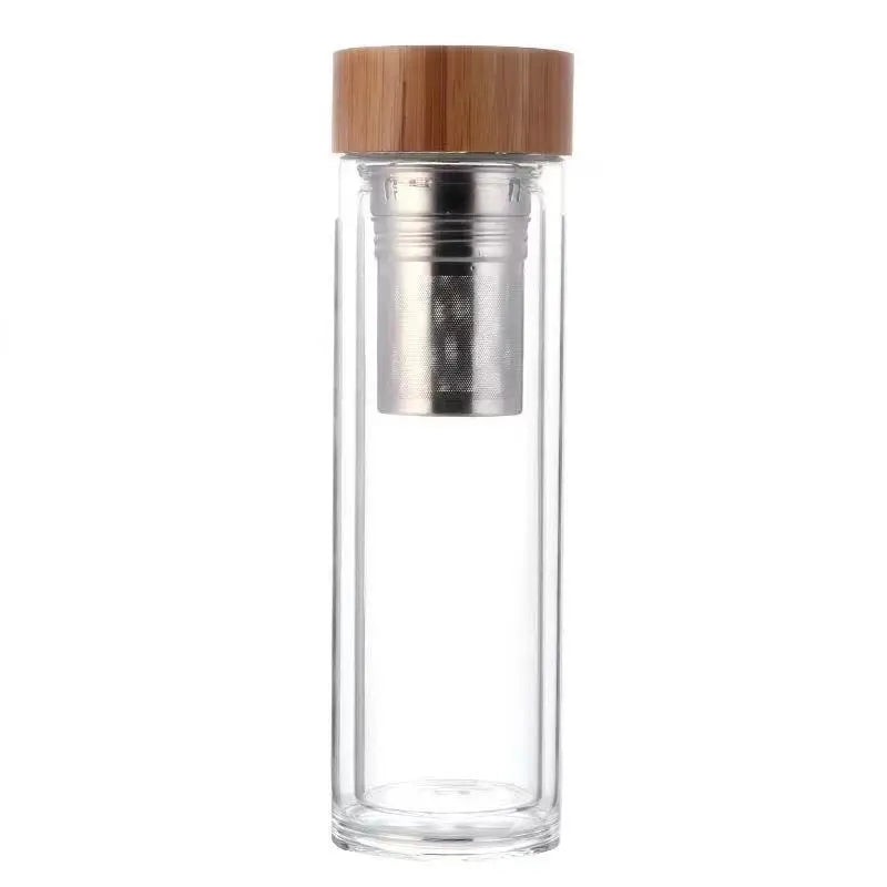 Stainless Steel Double-Wall Glass Tea Infuser Bottle with Bamboo Lid – 300/400/500ML