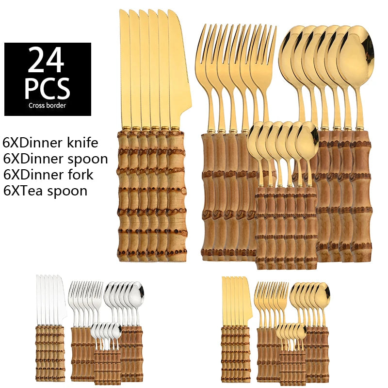 24-Piece Bamboo Handle Flatware Set (Stainless Steel)