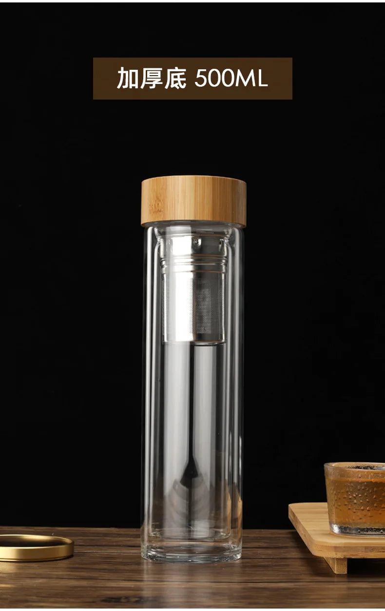 Stainless Steel Double-Wall Glass Tea Infuser Bottle with Bamboo Lid – 300/400/500ML