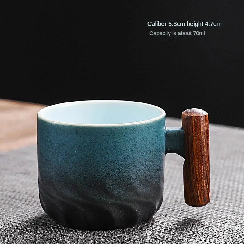 Handmade Vintage Coffee Mug with Wooden Handle