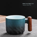 Handmade Vintage Coffee Mug with Wooden Handle