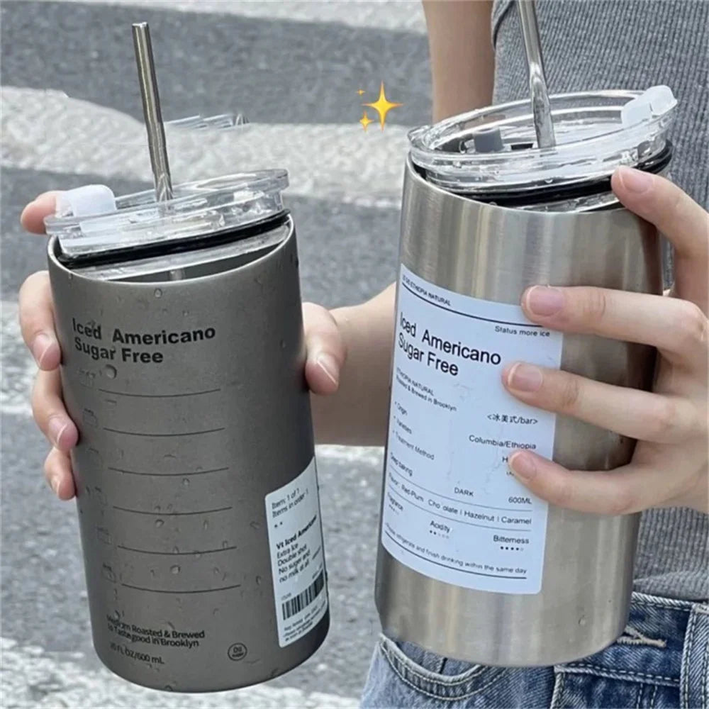 600ml Stainless Steel Insulated Coffee Mug with Straw