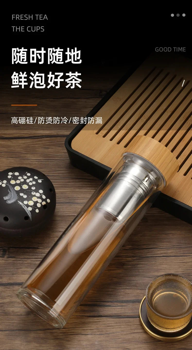 Stainless Steel Double-Wall Glass Tea Infuser Bottle with Bamboo Lid – 300/400/500ML