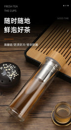 Stainless Steel Double-Wall Glass Tea Infuser Bottle with Bamboo Lid – 300/400/500ML