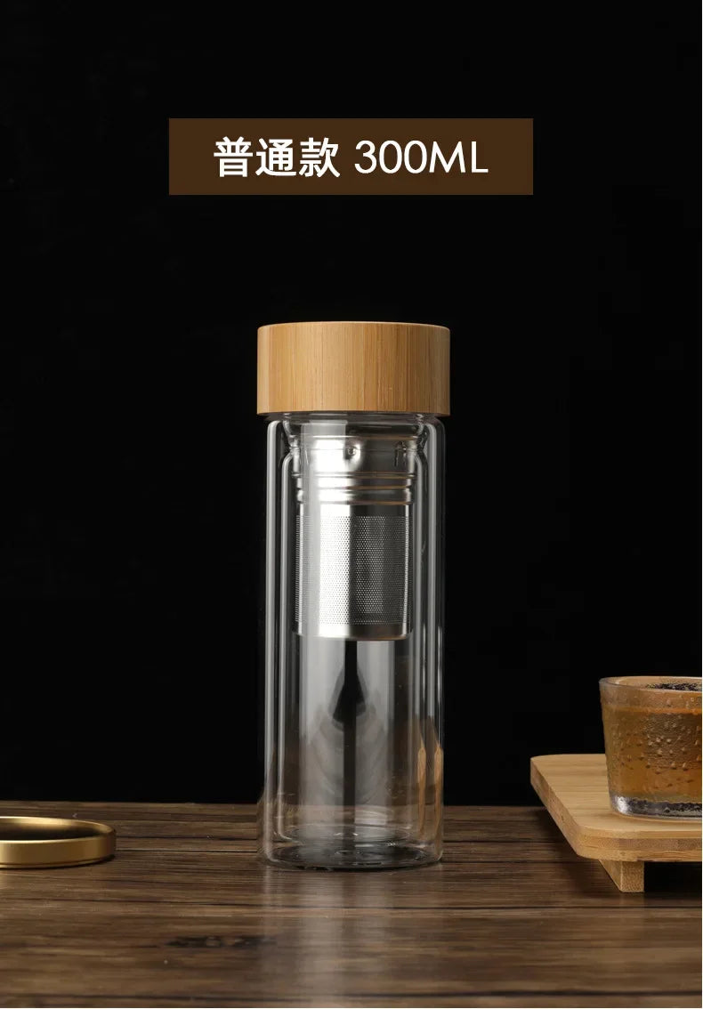 Stainless Steel Double-Wall Glass Tea Infuser Bottle with Bamboo Lid – 300/400/500ML