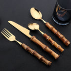 24-Piece Bamboo Handle Flatware Set (Stainless Steel)