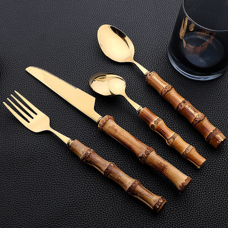 24-Piece Bamboo Handle Flatware Set (Stainless Steel)