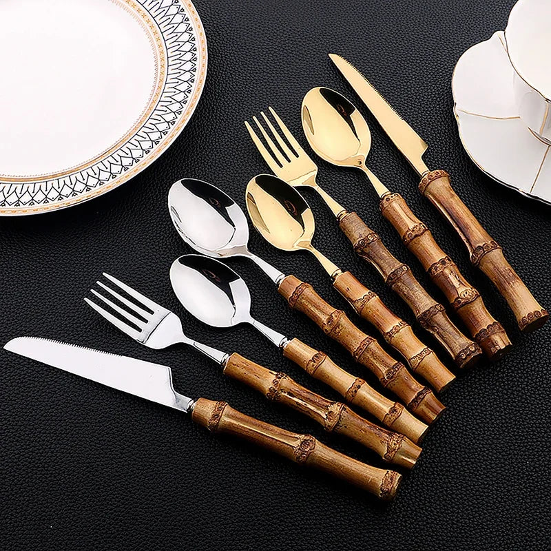 24-Piece Bamboo Handle Flatware Set (Stainless Steel)