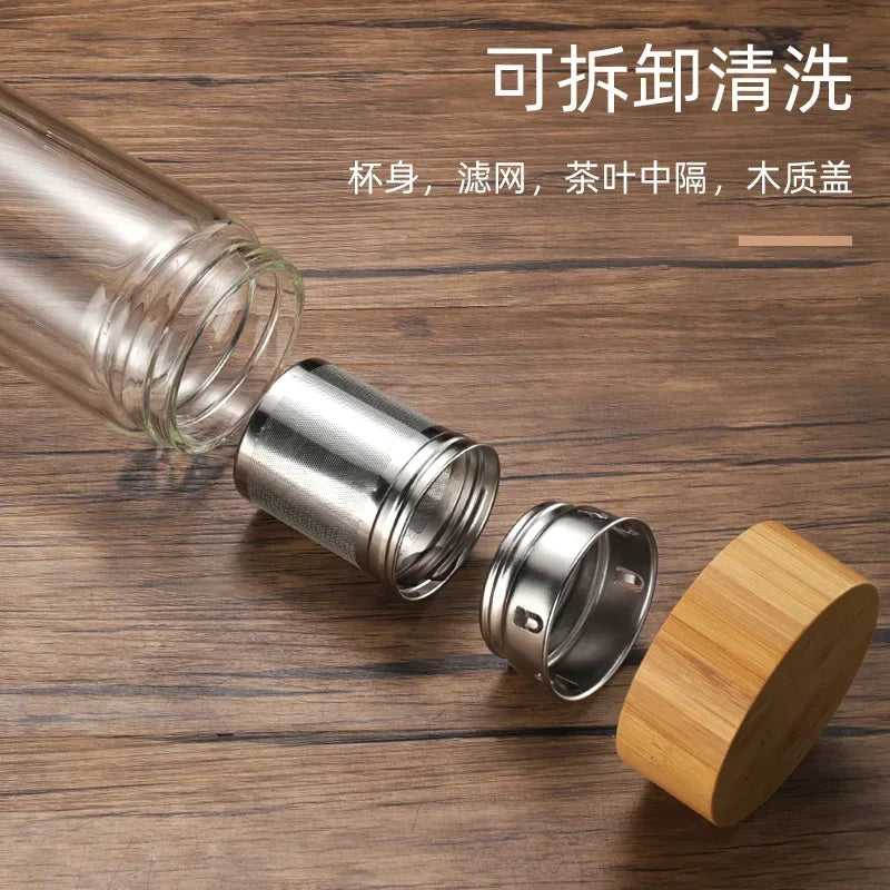 Stainless Steel Double-Wall Glass Tea Infuser Bottle with Bamboo Lid – 300/400/500ML