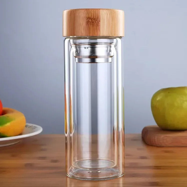 Stainless Steel Double-Wall Glass Tea Infuser Bottle with Bamboo Lid – 300/400/500ML