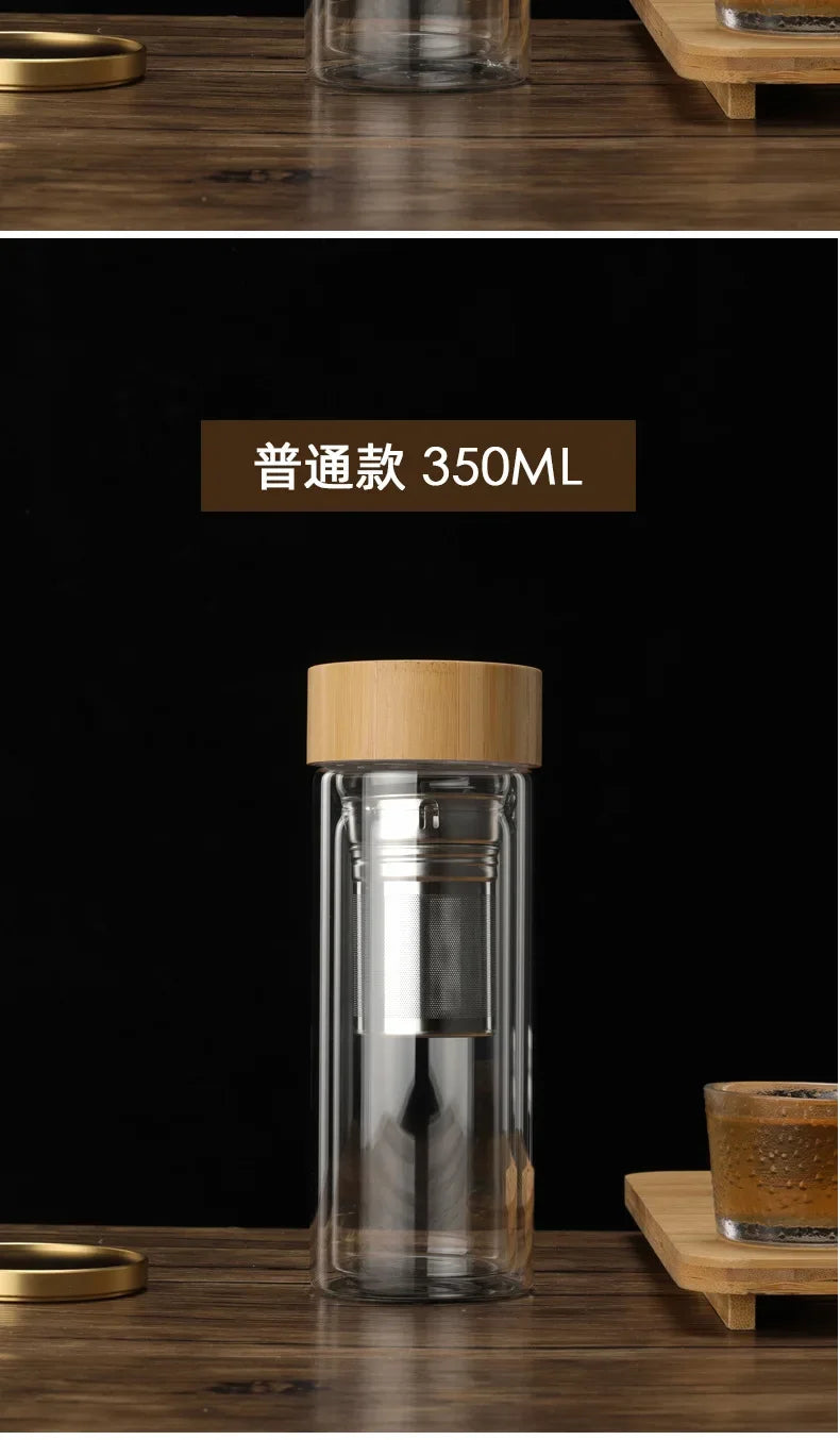 Stainless Steel Double-Wall Glass Tea Infuser Bottle with Bamboo Lid – 300/400/500ML