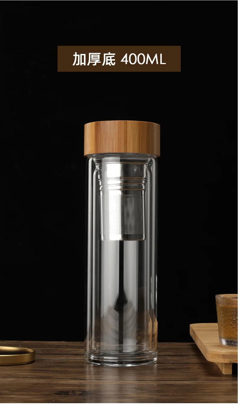 Stainless Steel Double-Wall Glass Tea Infuser Bottle with Bamboo Lid – 300/400/500ML