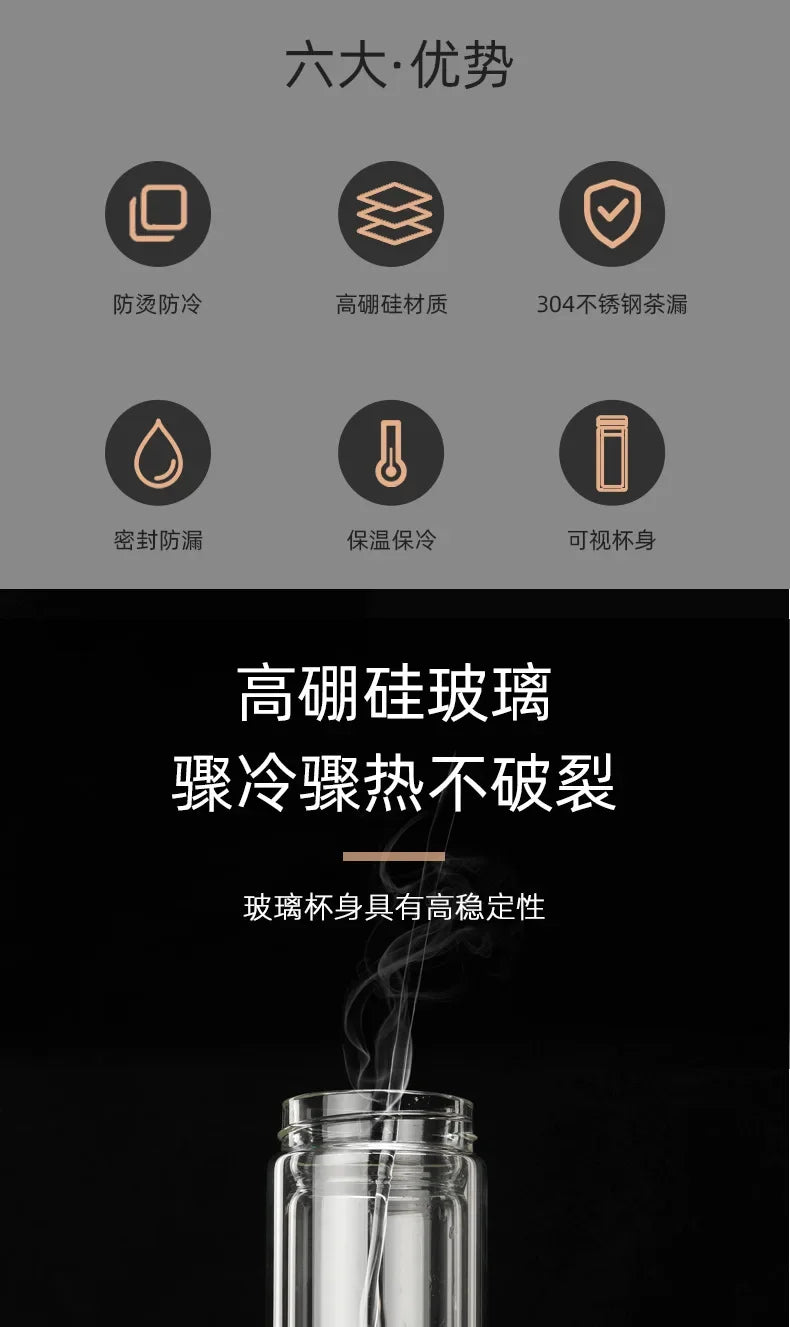 Stainless Steel Double-Wall Glass Tea Infuser Bottle with Bamboo Lid – 300/400/500ML