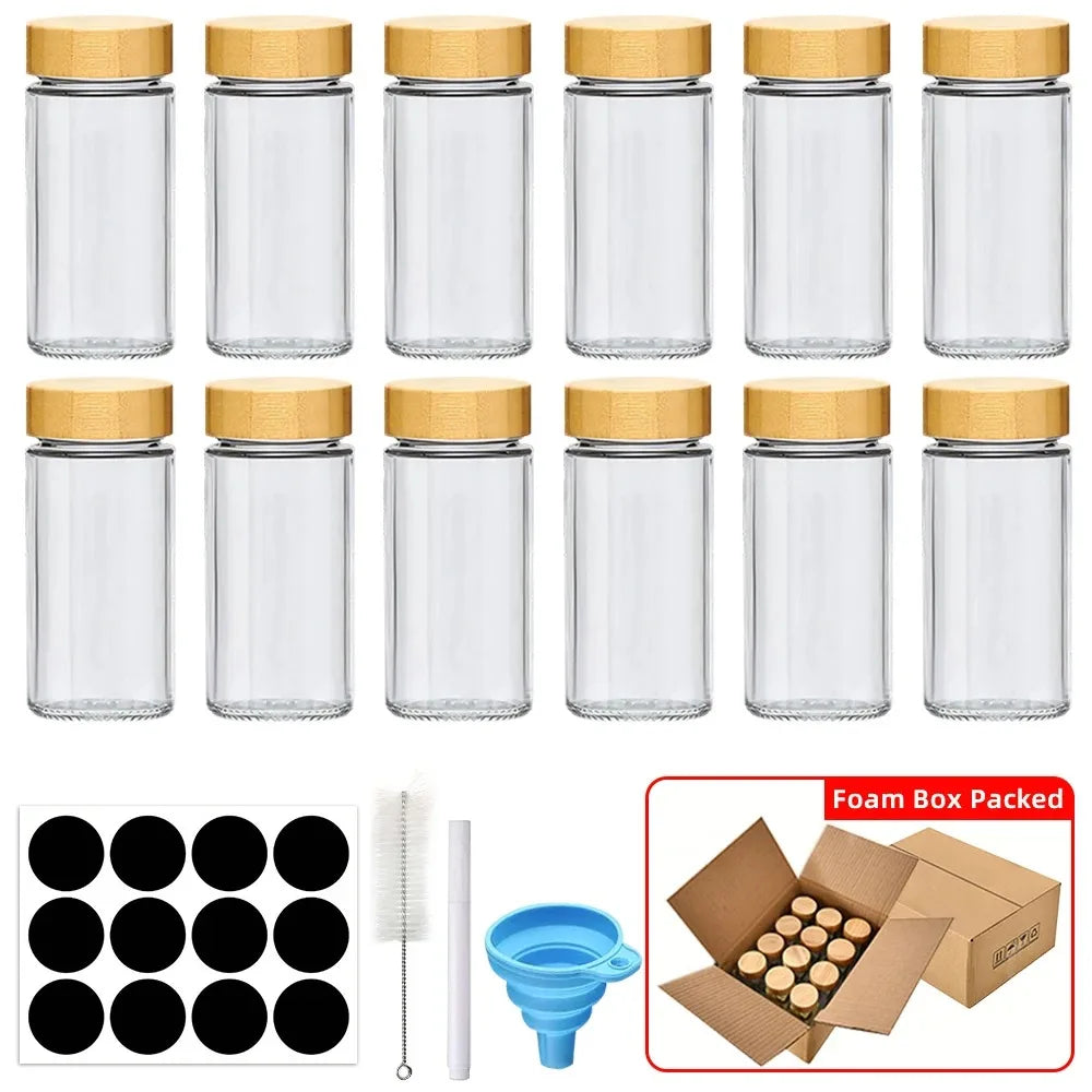 12-Piece Glass Spice Jar Set with Bamboo Lids & Labels