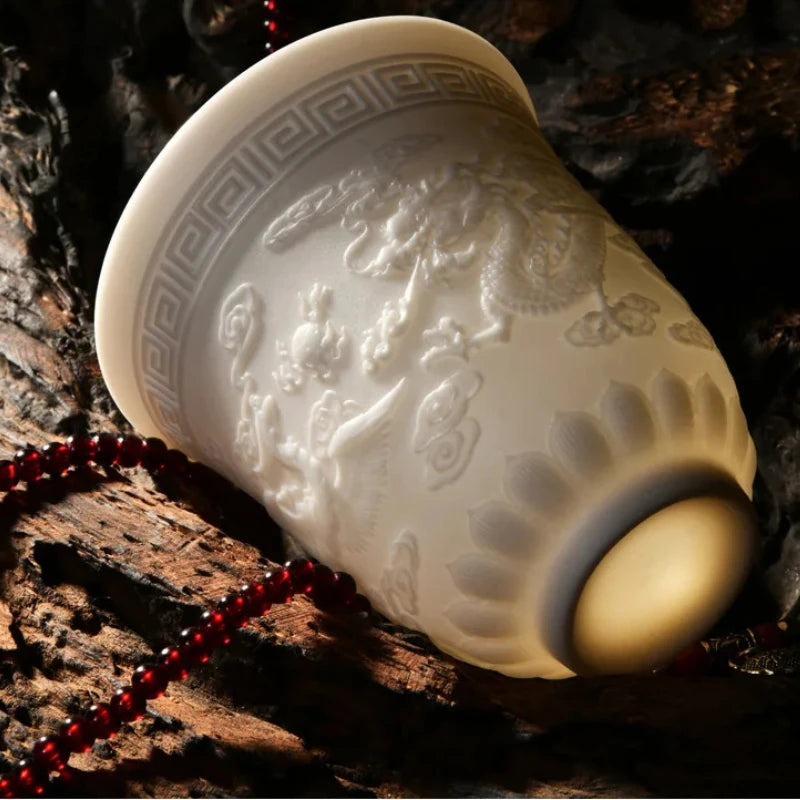 Embossed Dragon & Phoenix Master Teacup (White Jade Porcelain)