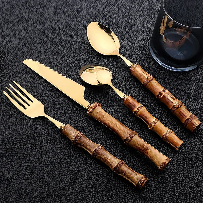 24-Piece Bamboo Handle Flatware Set (Stainless Steel)