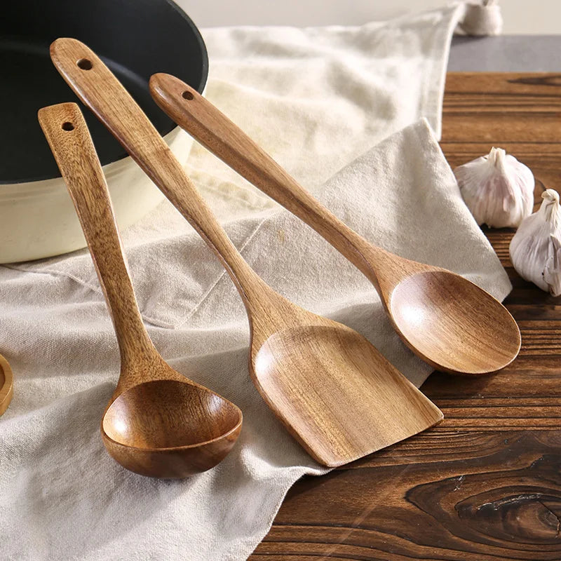 Long Natural Wood Non-Stick Cooking Spoon | Heat-Resistant Kitchen Utensil