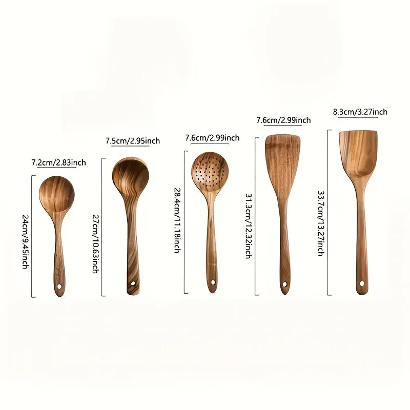 Premium 5-Piece Teak Wood Kitchen Utensil Set | Non-Stick Safe Cooking Tools