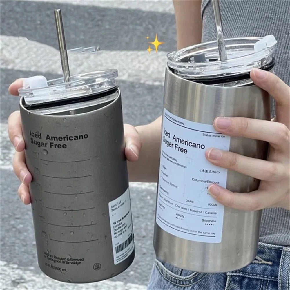600ml Stainless Steel Insulated Coffee Mug with Straw