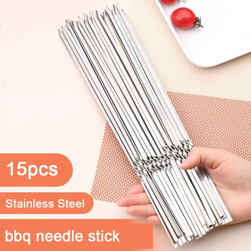 10/15-Piece Stainless Steel BBQ Skewers – Reusable Grill & Camping Tools