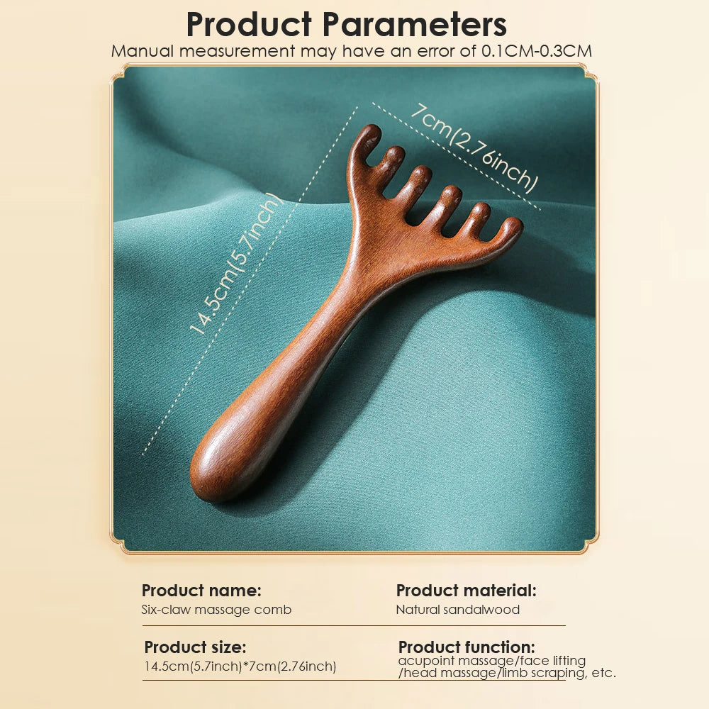 Wooden 6-Claw Head Massager and Meridian Comb