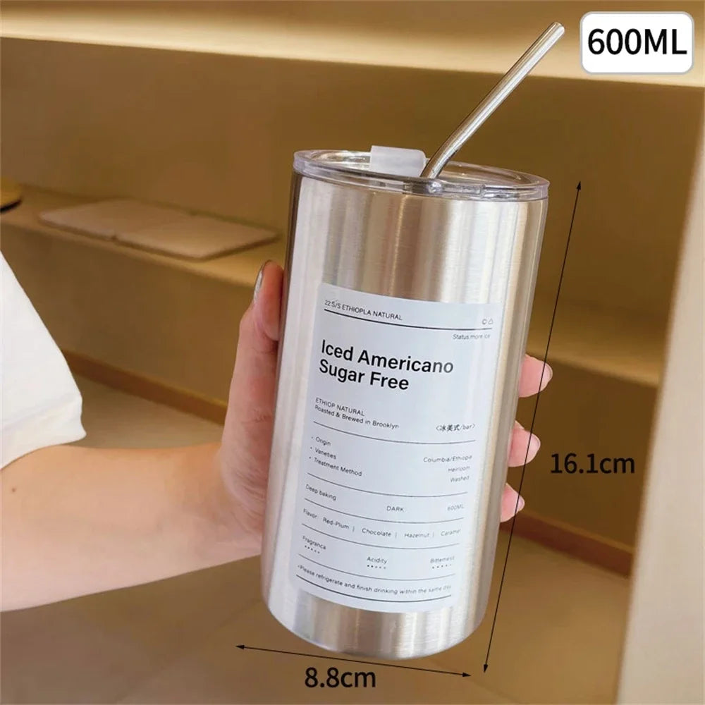 600ml Stainless Steel Insulated Coffee Mug with Straw