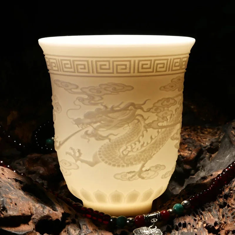Embossed Dragon & Phoenix Master Teacup (White Jade Porcelain)