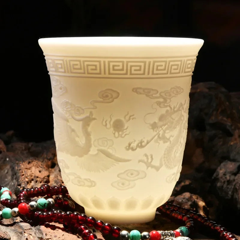 Embossed Dragon & Phoenix Master Teacup (White Jade Porcelain)