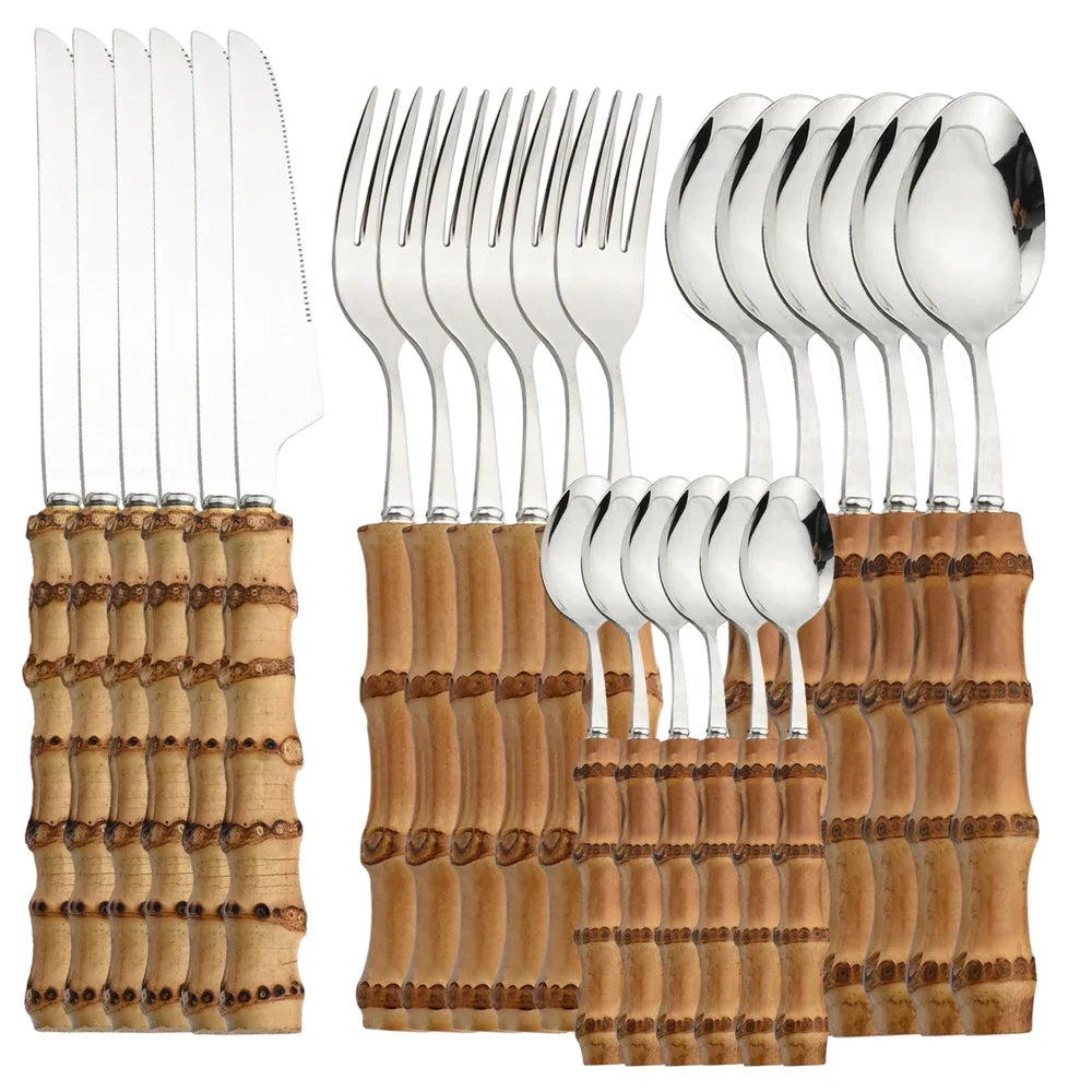 24-Piece Bamboo Handle Flatware Set (Stainless Steel)