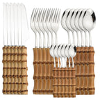 24-Piece Bamboo Handle Flatware Set (Stainless Steel)