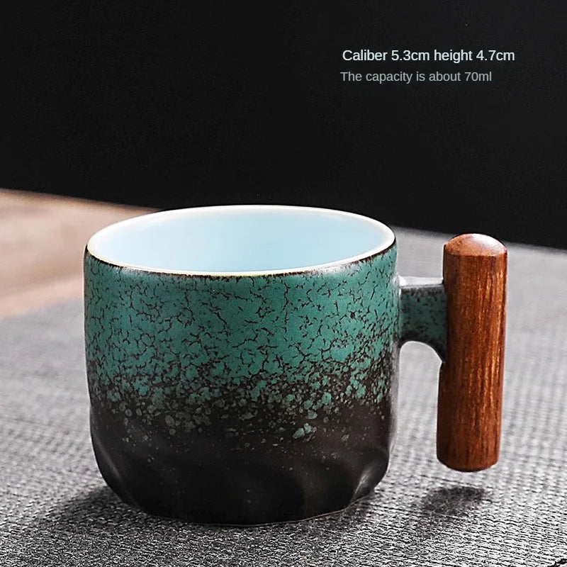 Handmade Vintage Coffee Mug with Wooden Handle