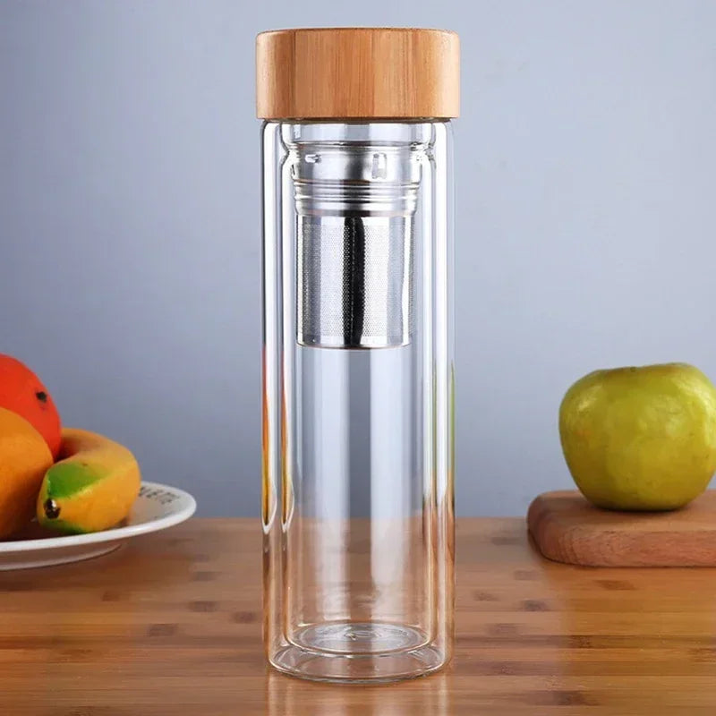 Stainless Steel Double-Wall Glass Tea Infuser Bottle with Bamboo Lid – 300/400/500ML