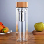 Stainless Steel Double-Wall Glass Tea Infuser Bottle with Bamboo Lid – 300/400/500ML