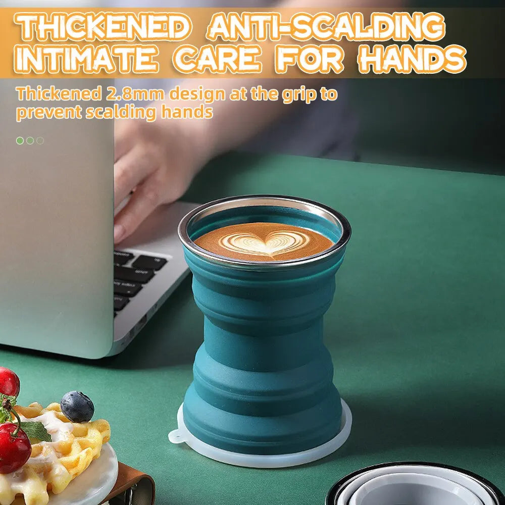 Heat-Resistant Silicone Folding Travel Mug with Lanyard