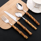 24-Piece Bamboo Handle Flatware Set (Stainless Steel)