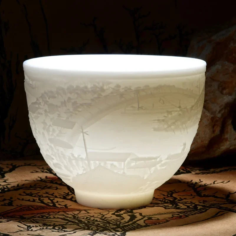 Embossed Dragon & Phoenix Master Teacup (White Jade Porcelain)