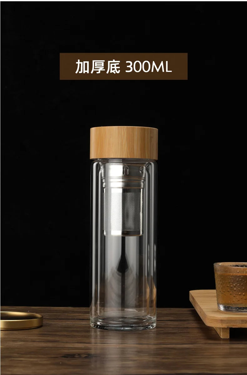 Stainless Steel Double-Wall Glass Tea Infuser Bottle with Bamboo Lid – 300/400/500ML