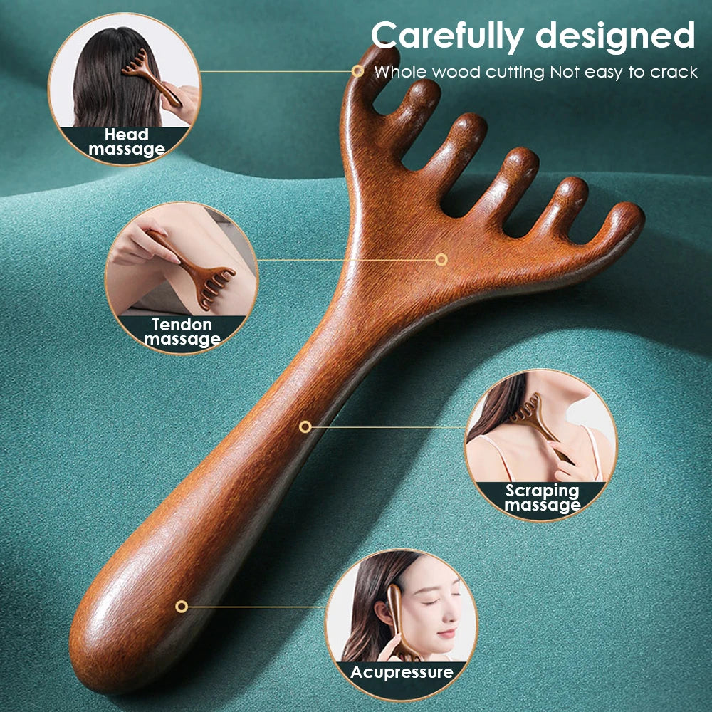 Wooden 6-Claw Head Massager and Meridian Comb