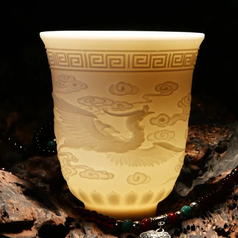Embossed Dragon & Phoenix Master Teacup (White Jade Porcelain)